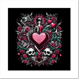 Gothic Romance: A Heart of Skulls and Roses Posters and Art